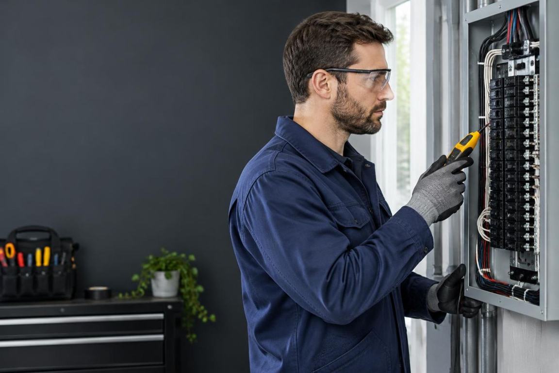 Electrician checking a residential electrical panel